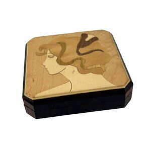 Vintage Inlaid Marquetry Compact Hand Mirror Art Nouveau Deco Lady Swivel Wood